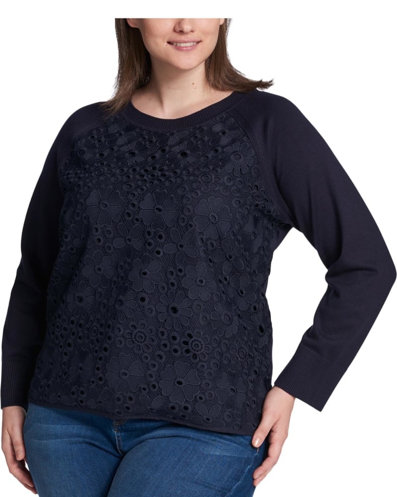 Front of a model wearing a size 2X Tommy Hilfiger Women's Plus Lace Front Sweater Blue Size 2X in Blue by Tommy Hilfiger. | dia_product_style_image_id:314363